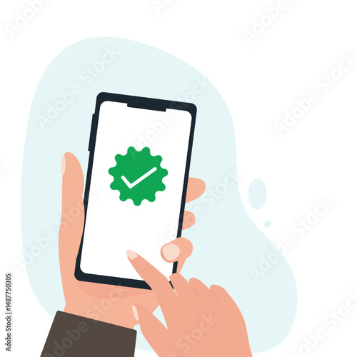 Hand holding smart phone with check mark message on device screen vector