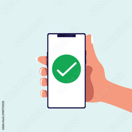 Hand holding smart phone with check mark message on device screen vector