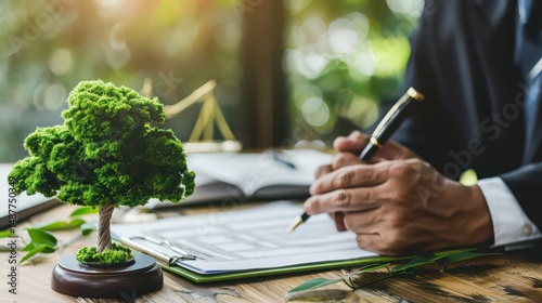 Wallpaper Mural Lawyer signing documents with tree figurine and scales of justice in the background on a wooden desk Torontodigital.ca