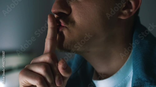 1111A young guy in a blue shirt and in a dark room touches his finger to his lips and shows a gesture of silence.
The man asks not to make noise.
Silence in the room.
Gesture with hand and lips