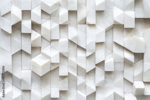 White marble geometric pattern texture background with three dimensional shapes