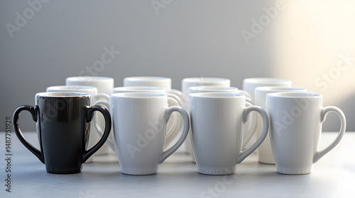 Symmetrical arrangement of coffee mugs on table aft still life minimalist close-up aesthetic