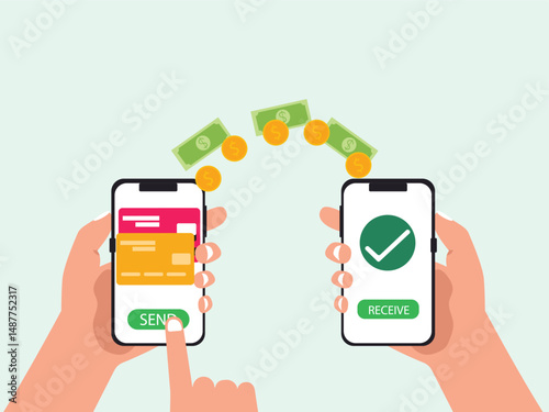 Smartphones in the hand with money and credit card on a screen online money transfer concept Vector illustration.