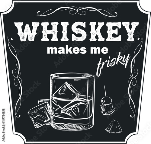 Pub poster, bar menu, glass with alcohol. Inscription whiskey makes me trisky, drink party, print on t-shirt glass scotch with ice, booze