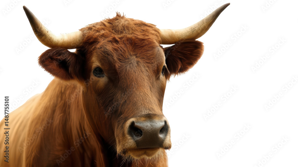 Naklejka premium Clean Isolated View of Brown Cow with Curved Horns Transparent Background