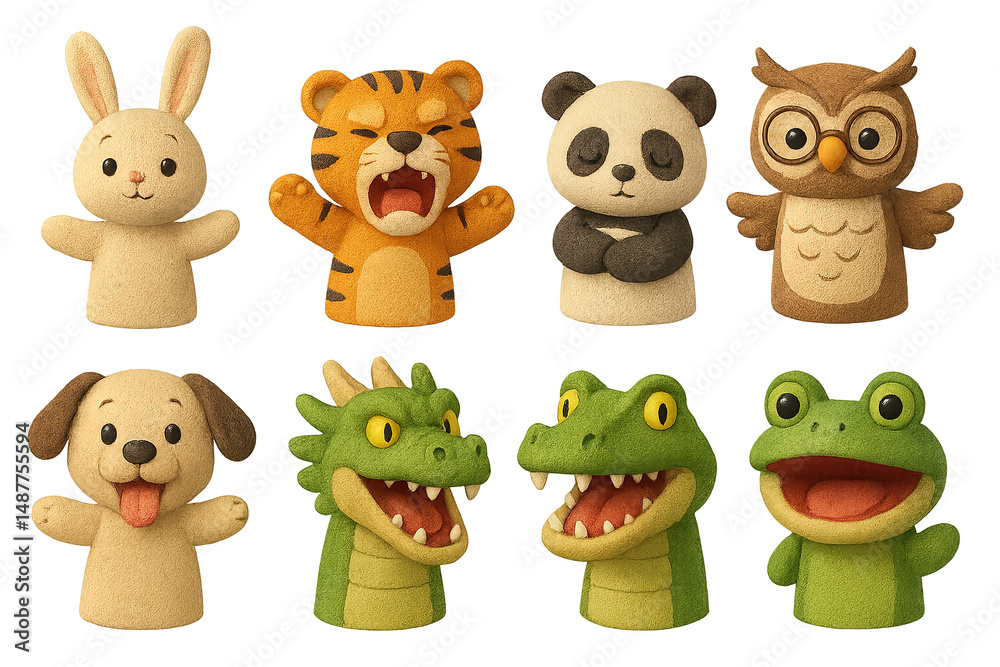 Naklejka premium Animal puppets 3d icons set – playful, creative, character designs