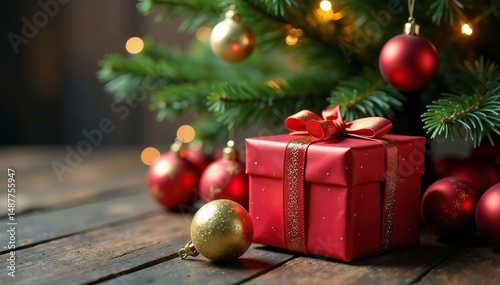 A beautifully wrapped Christmas present sits under a decorated Christmas tree, surrounded by festive ornaments , sparkle, festive