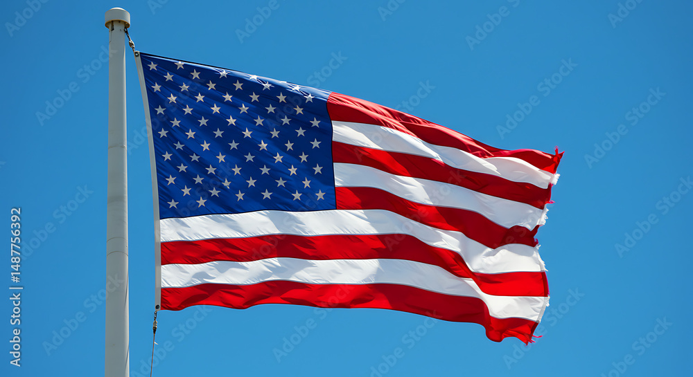 Fototapeta premium Waving American Flag with Fifty Stars and Thirteen Stripes on a Pole