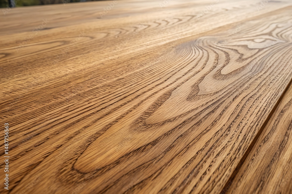 Naklejka premium Close-up of natural wooden surface showing detailed grain texture and warm brown tones, suitable for flooring, table tops, rustic decor, or design backgrounds. generative ai
