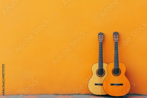 Two acoustic guitars leaning against an orange wall on a tiled floor