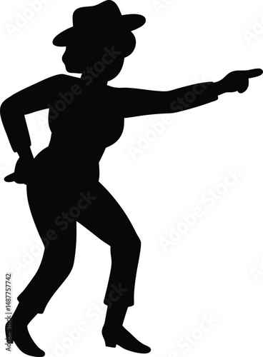 A woman is dancing and pointing to the right. She is wearing a hat and black pants