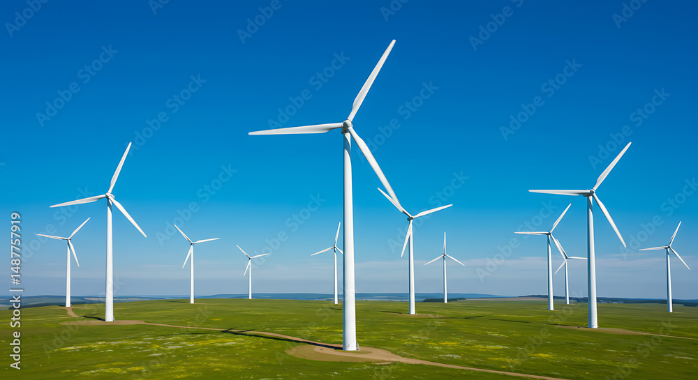 Wind Turbines in a Green Field under a Clear Blue Sky Wind Turbines in a Green Field under a Clear Blue Sky