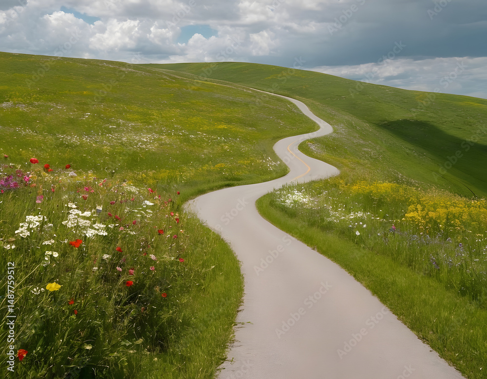 Obraz premium A winding country road lined with blooming wildflowers and lush green fields stretches towards the horizon under a sky dotted with fluffy white clouds, A natural background. A road in the mountains.