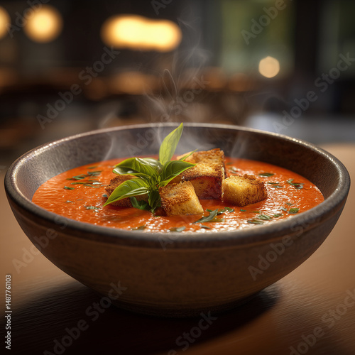 A steaming bowl of creamy tomato soup garnished with basil and croutons, rustic ceramic bowl