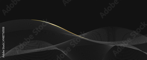 Elegant black background with abstract flowing white lines and a golden accent, perfect for luxury, tech, or minimalist design concepts.