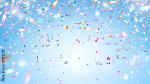 Celebration confetti festive atmosphere digital background sky blue theme vibrant colors fun concept