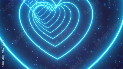 Moving Slowly Through Blue Neon Love Heart 3D Tunnel Glowing Light - 4K Seamless VJ Loop Motion Background Animation