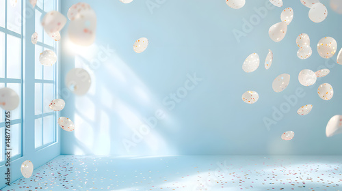 Celebratory balloon release festive room digital art sky blue background playful perspective pastel joy