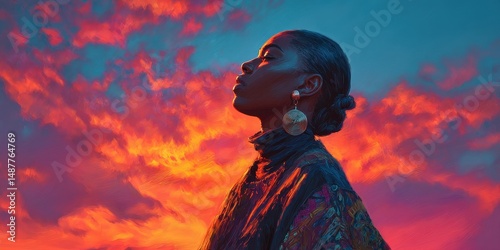 A woman gazing at a vibrant sunset sky.