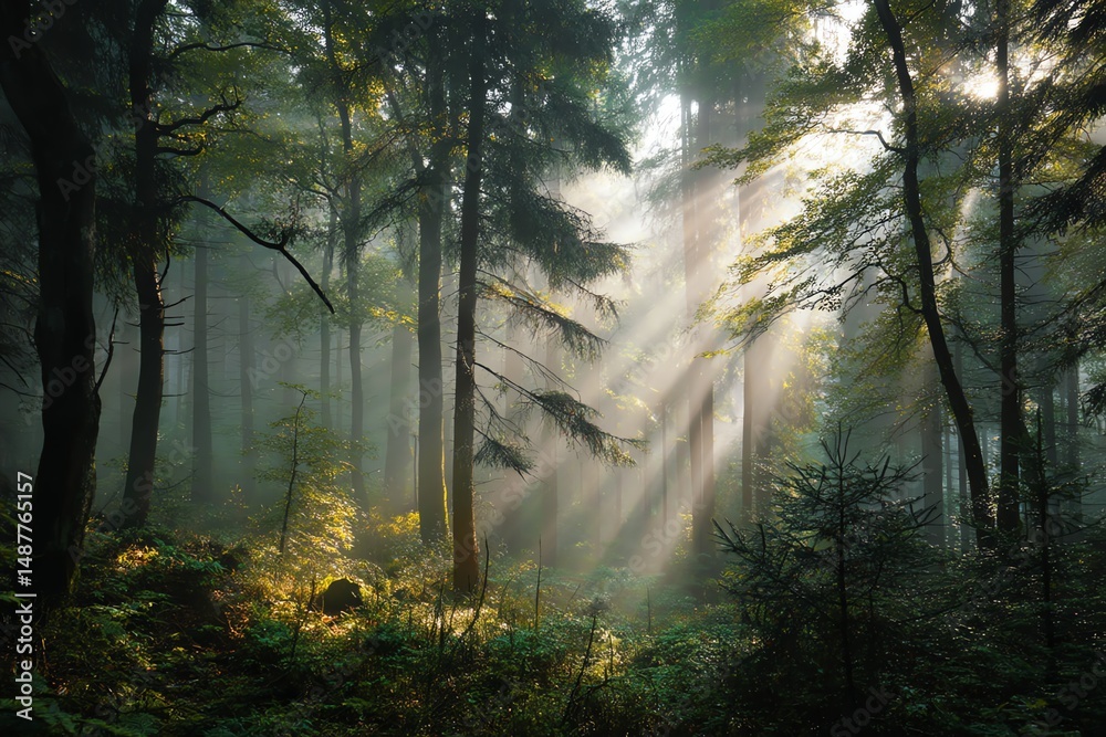 Fototapeta premium Sunlight shining through green forest trees