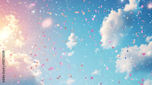 Celebration of joy sky blue atmosphere digital artwork pastel fantasy aerial view whimsical confetti