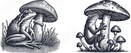Frog Sitting in Mushroom Engraving | Whimsical Woodcut Art | Nature-Inspired Frog and Mushroom Scene for Rustic Decor, Stickers, or Prints