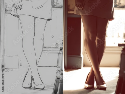 A comparison of stylized and realistic female legs in elegant footwear.