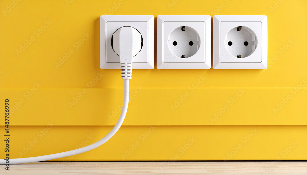 Una pared amarilla con una clavija de enchufe enchufado a la red eléctrica Una pared amarilla con una clavija de enchufe enchufado a la red eléctrica
