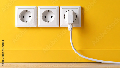 Una pared amarilla con una clavija de enchufe enchufado a la red eléctrica