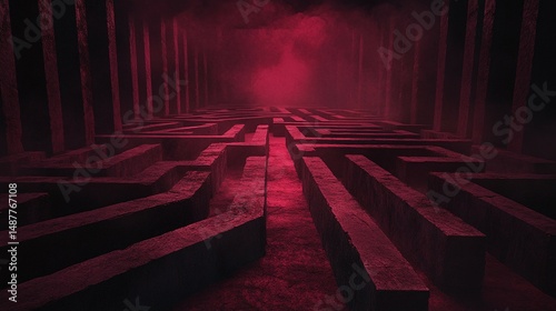 Red toned abstract maze or labyrinth with dark vertical lines in background.