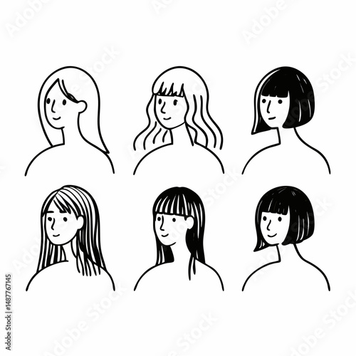 A vector cartoon set features a beautiful fashion model with black hair, expressive eyes, and a glamorous hairstyle, showcasing artistic design
