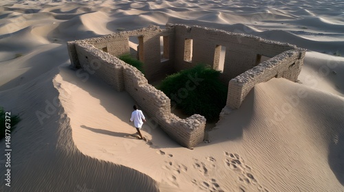 Aerial perspective of desert ruins with sand partially burying ancient walls, lone explorer walking below
