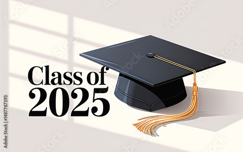 Watercolor graduation cap illustration on white. Black mortarboard, gold tassel, subtle sheen. 