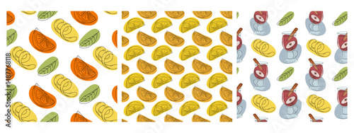 Citrus fruits slices, cinnamon stick, zest and drink in glass mulled wine cap Seamless pattern Set