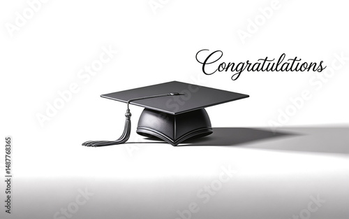 Minimalist isolated grad announcement ad: Black cap with gold tassel on white. Soft lighting emphasizes detail. Elegant composition with negative space. 
