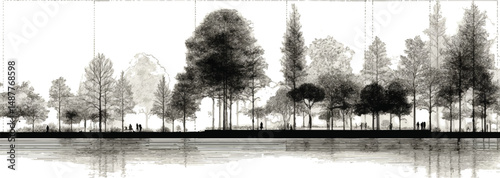Architectural Drawings, Minimal style cad tree with roots line drawing and Tree Grunge vector, view, set of section wetland forest outline for landscape design drawing.