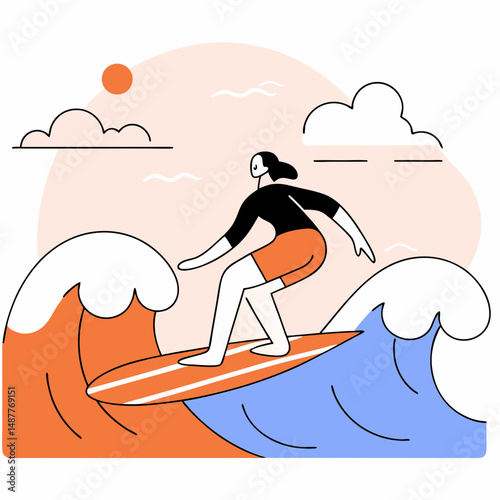 Young woman surfing on vibrant waves under a sunny sky Concept of Travel  