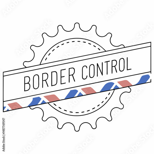 Border control stamp with design elements in red and blue colors  