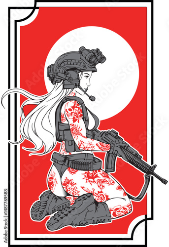Vector design military print on t-shirt, girl in pin up style monochrome drawing. Girl in camouflage, machine gun, military helmet, army, whole body in tattoos