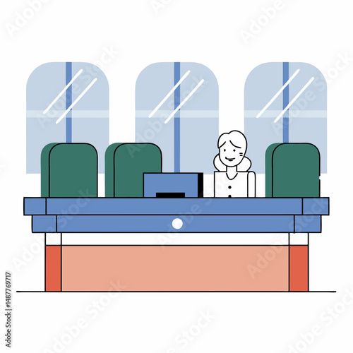 Receptionist sitting at a welcoming front desk in a modern office  