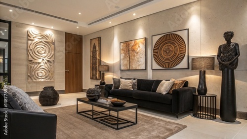 Modern living room with sculptural black accents, soft textiles, and abstract wall art in warm, neutral tones.
