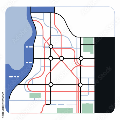 Simplified urban road map illustration with water and park areas  