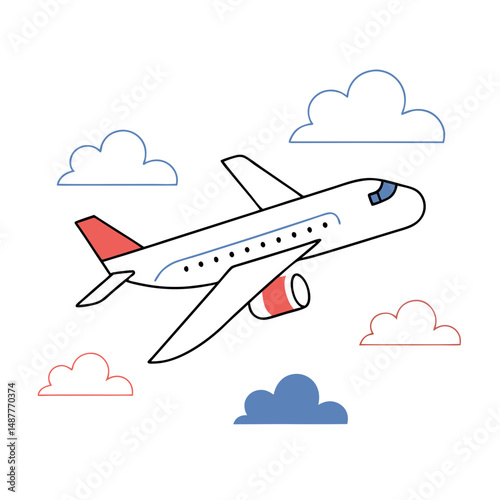 Airplane flying above clouds in a blue sky with clouds  