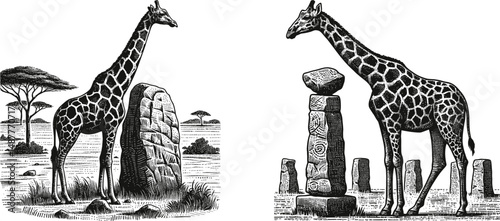 Giraffe Standing on a Stone – Detailed Woodcut & Engraving Style Wildlife Art Design for Prints, Posters, Crafts, Nature Decor, Animal Illustrations, and Laser Projects