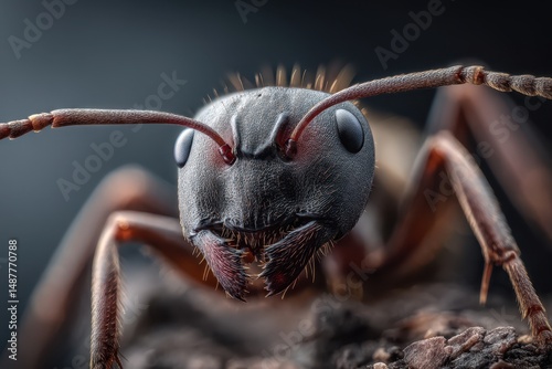 Close-up view of an ant's head and thorax.