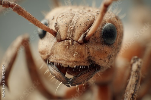 Close-up view of a fascinating ant's head and mandibles.