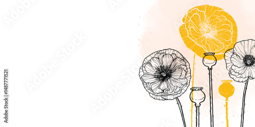 Abstract floral background with yellow poppy flowers and leaves. Hand drawn poppy watercolor frame, border. Vector design of card, banner, invitation, advertising and packaging