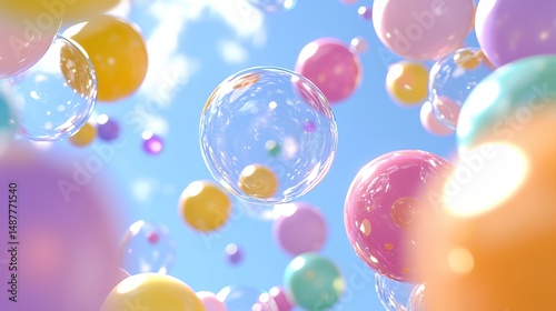 Colorful Bubbles Floating in Sky