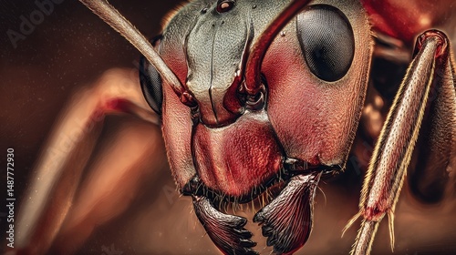 Detailed close-up view of an ant's head and upper body.