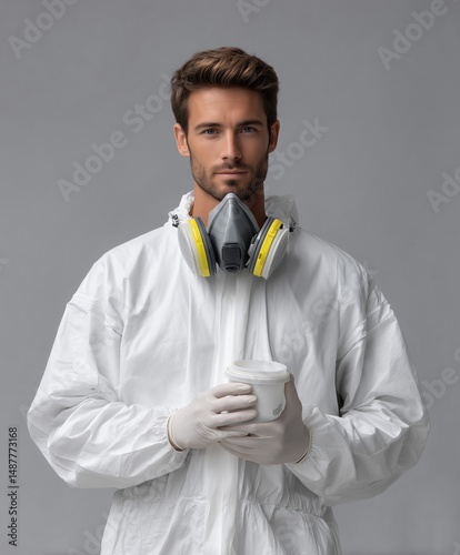  Studio photo of scientist in hazmat suit, white background.
